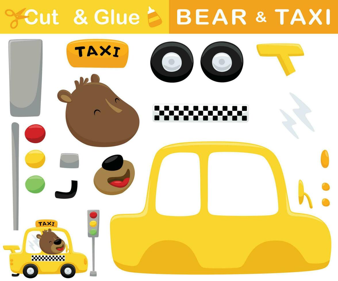 gracioso oso en Taxi con luz de freno. educación papel juego para niños. separar y pegado vector dibujos animados ilustración
