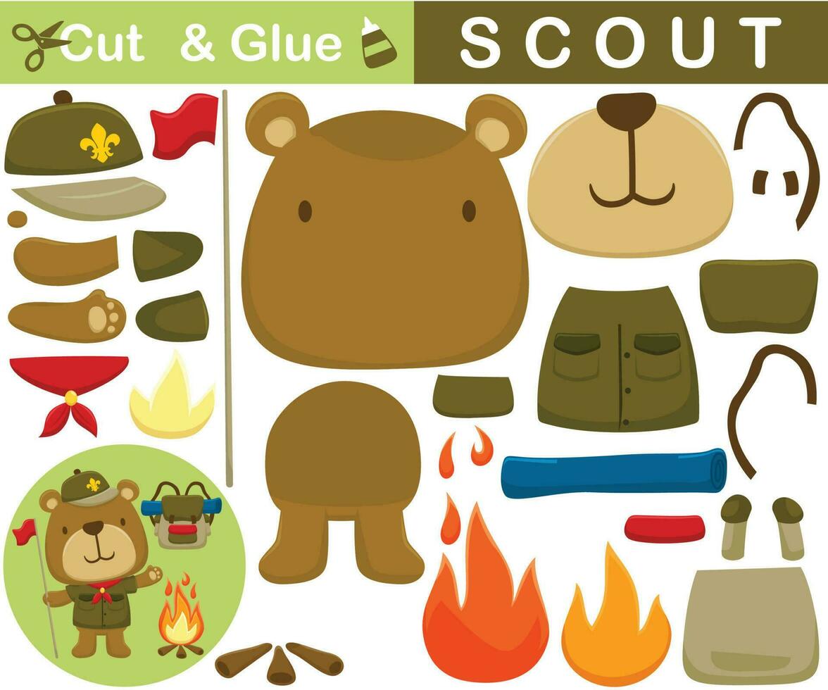 Funny bear in scout uniform with bonfire and backpack. Cutout and gluing. Vector cartoon illustration