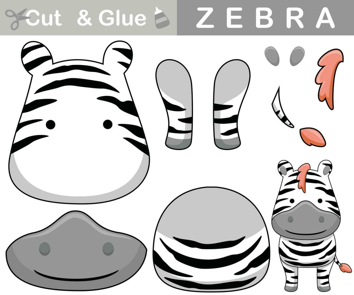 Smiling funny zebra cartoon. Education paper game for children. Cutout and gluing. Vector cartoon illustration