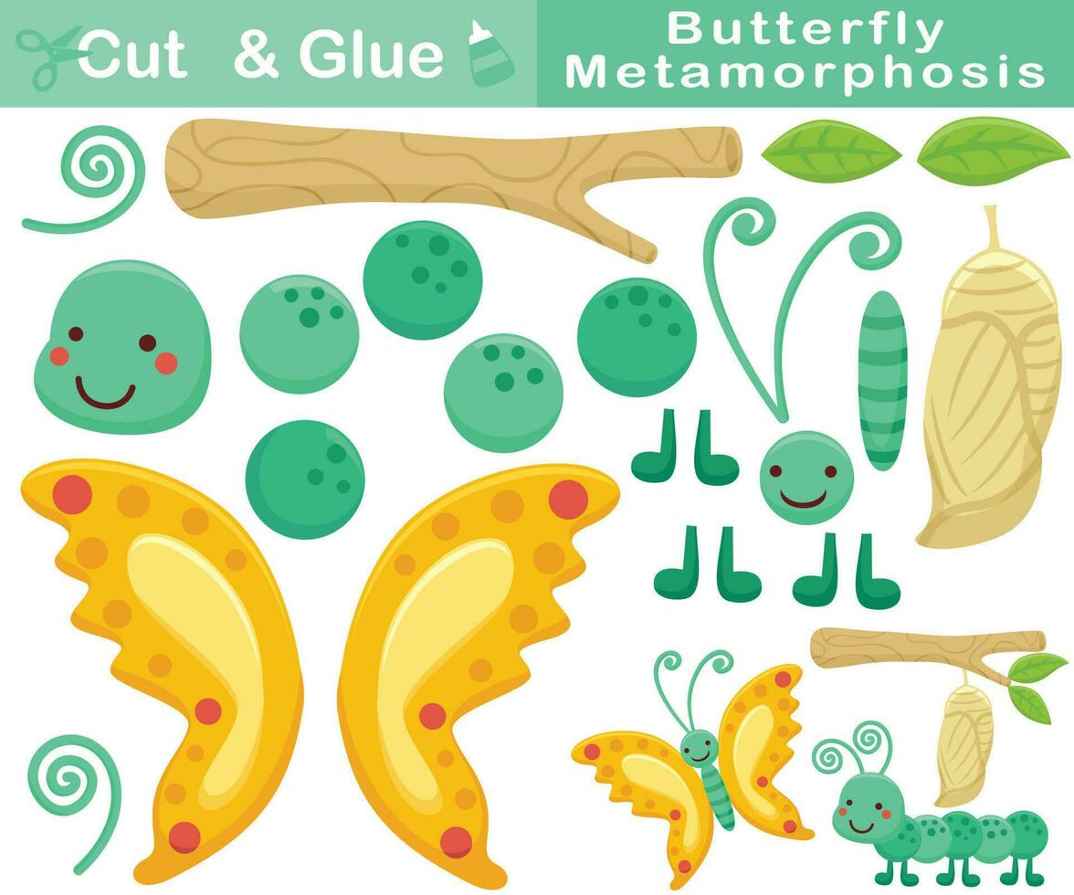 Butterfly metamorphosis cartoon. Education paper game for children. Cutout and gluing. Vector cartoon illustration
