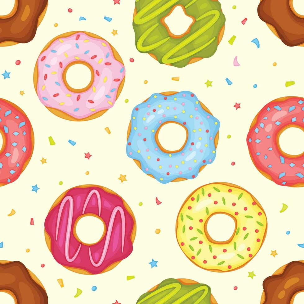 Cartoon cute donuts seamless pattern, glazed donut with sprinkles. Delicious doughnuts, sweet pastry dessert bakery vector background