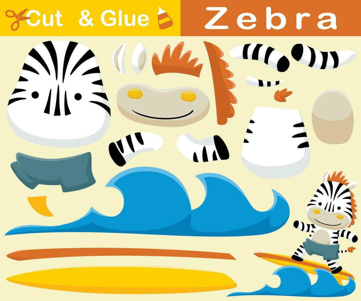 Funny zebra surfboarding. Education paper game for children. Cutout and gluing. Vector cartoon illustration