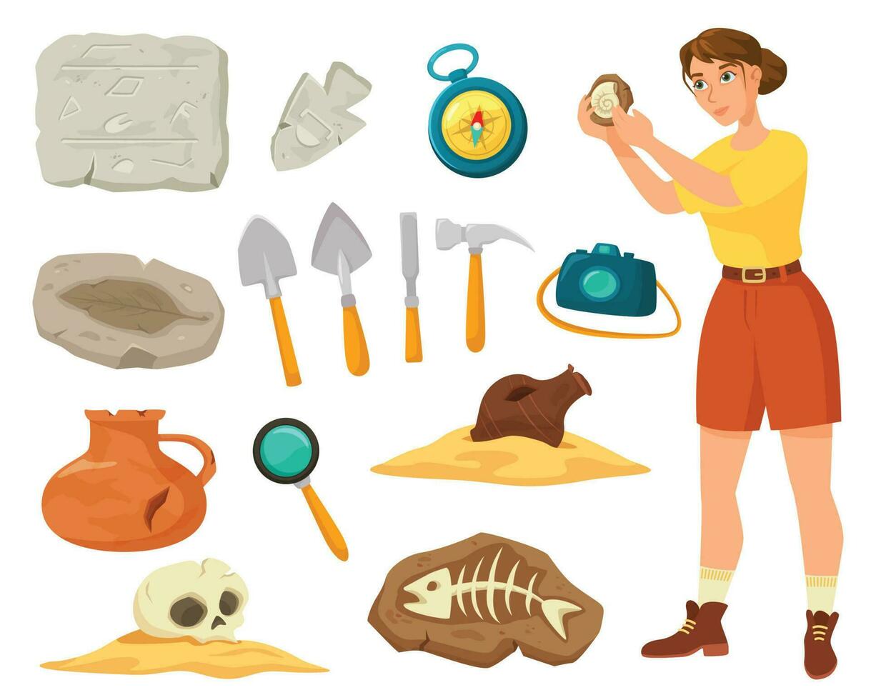 Cartoon archaeological tools and equipment, ancient artifacts and fossils. Archaeologist at work, archeology expedition elements vector set