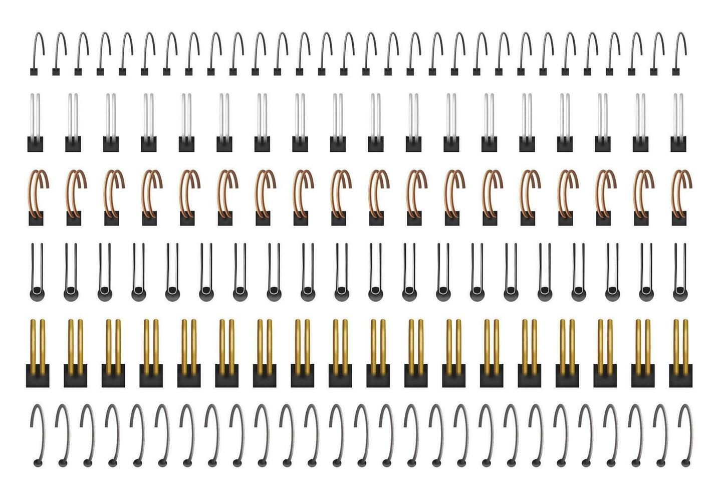 Realistic notebook spiral bindings, metal ring binders. Plastic spirals coils for calendars or paper sheets, notepad wire rings vector set