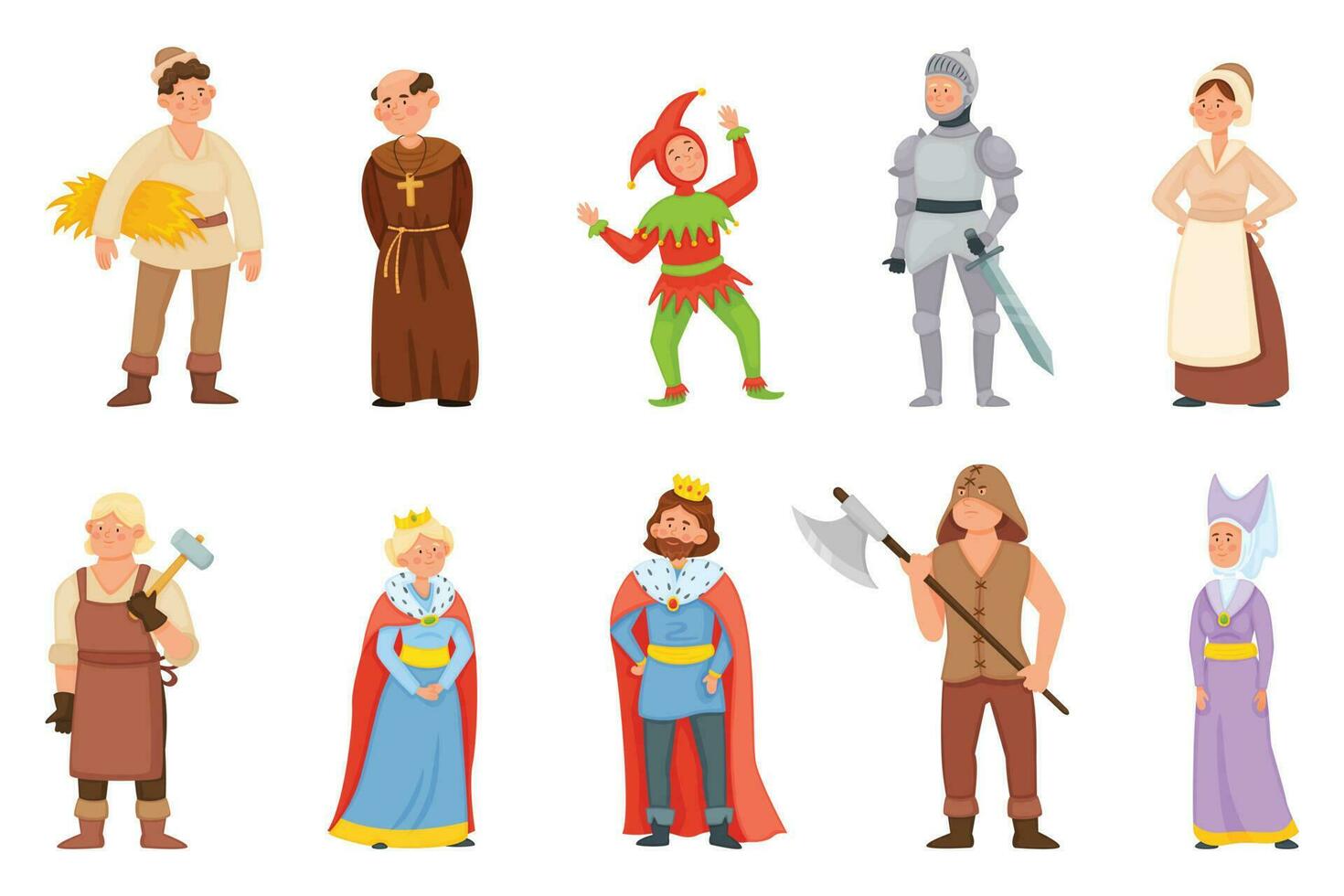 Cartoon historical medieval characters, king and queen, princess. Middle age knight, blacksmith, peasant, jester character vector set