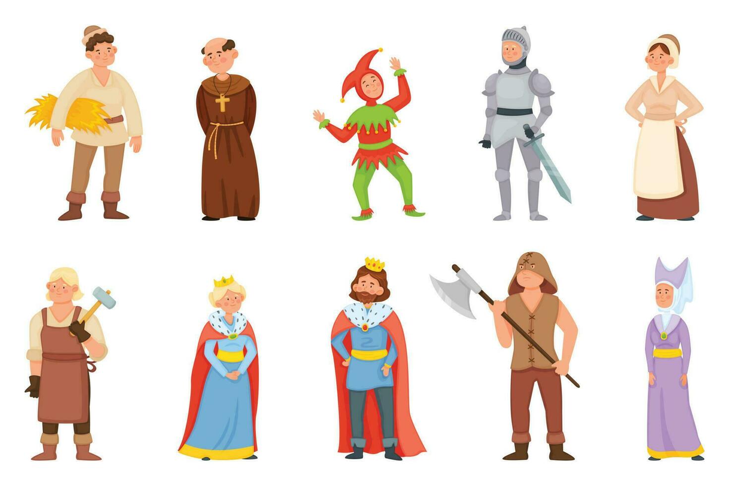 dibujos animados histórico medieval caracteres, Rey y reina, princesa. medio años caballero, herrero, campesino, bufón personaje vector conjunto