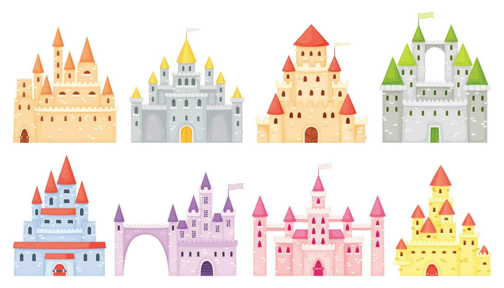 Cartoon medieval castles, ancient fortress, fairy tale palace. Fortified palace exterior, mansion, fairytale princess castle towers vector set