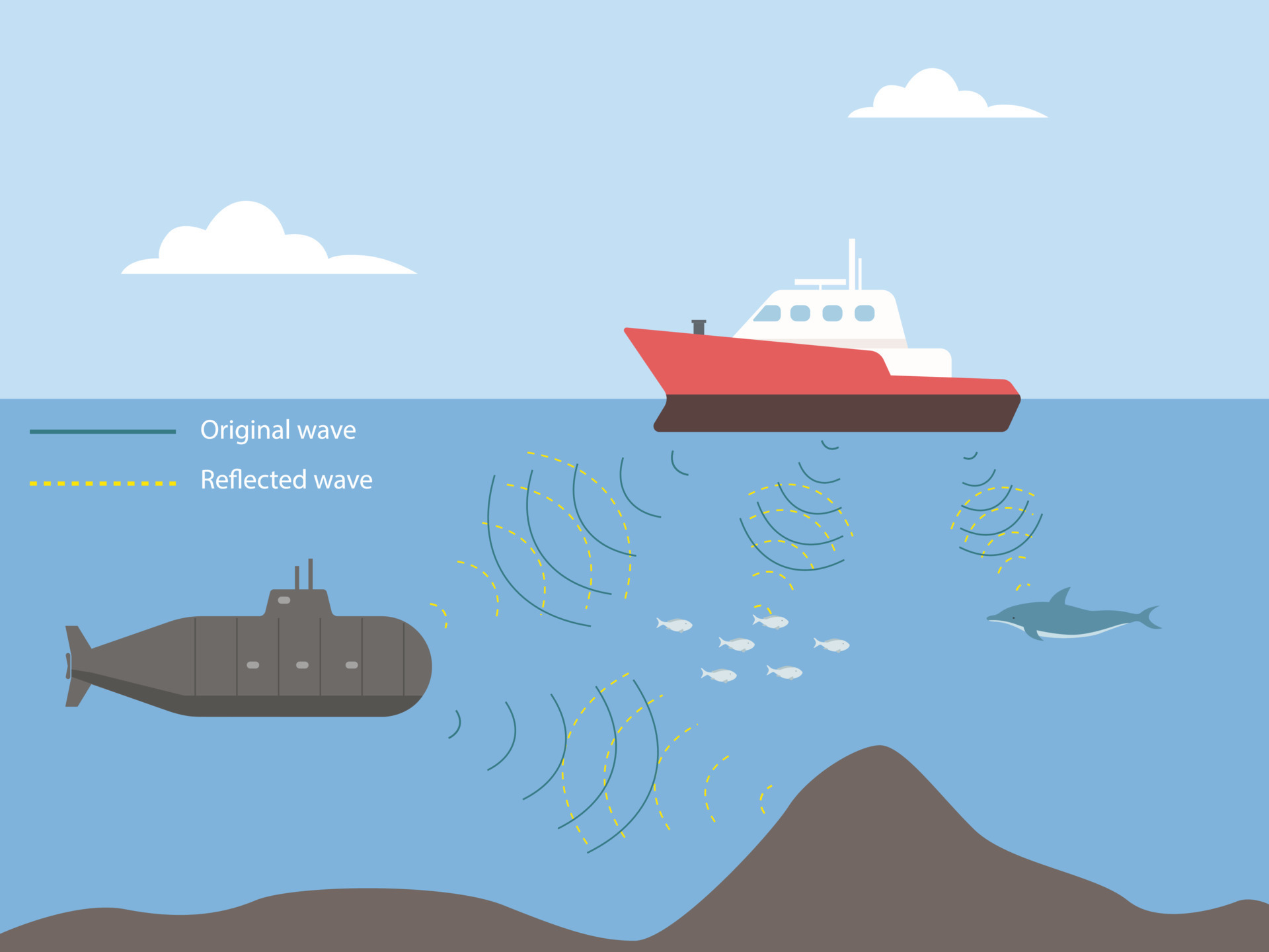 Bio sonar sound detect object locate. echo radar ocean system 23586793 Vector Art at