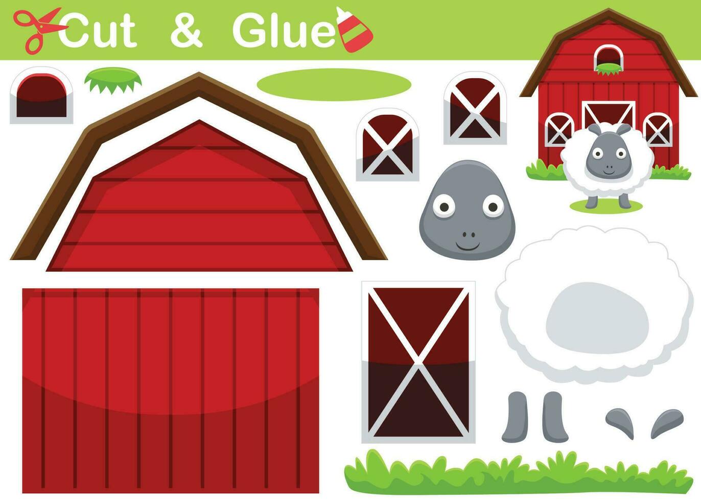 Funny sheep in front of barn. Education paper game for children. Cutout and gluing. Vector cartoon illustration