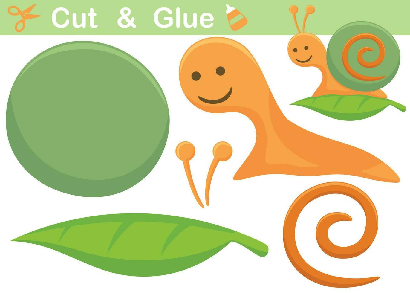 Cute snail on leaf. Cutout and gluing. Vector cartoon illustration