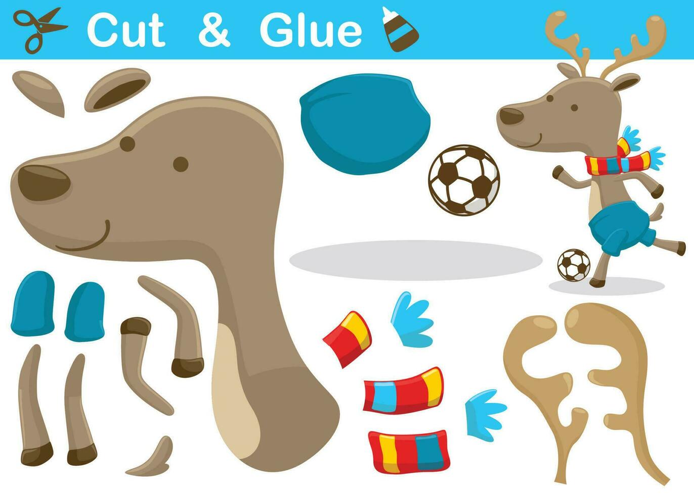 Funny deer playing soccer at winter. Cutout and gluing. Vector cartoon illustration