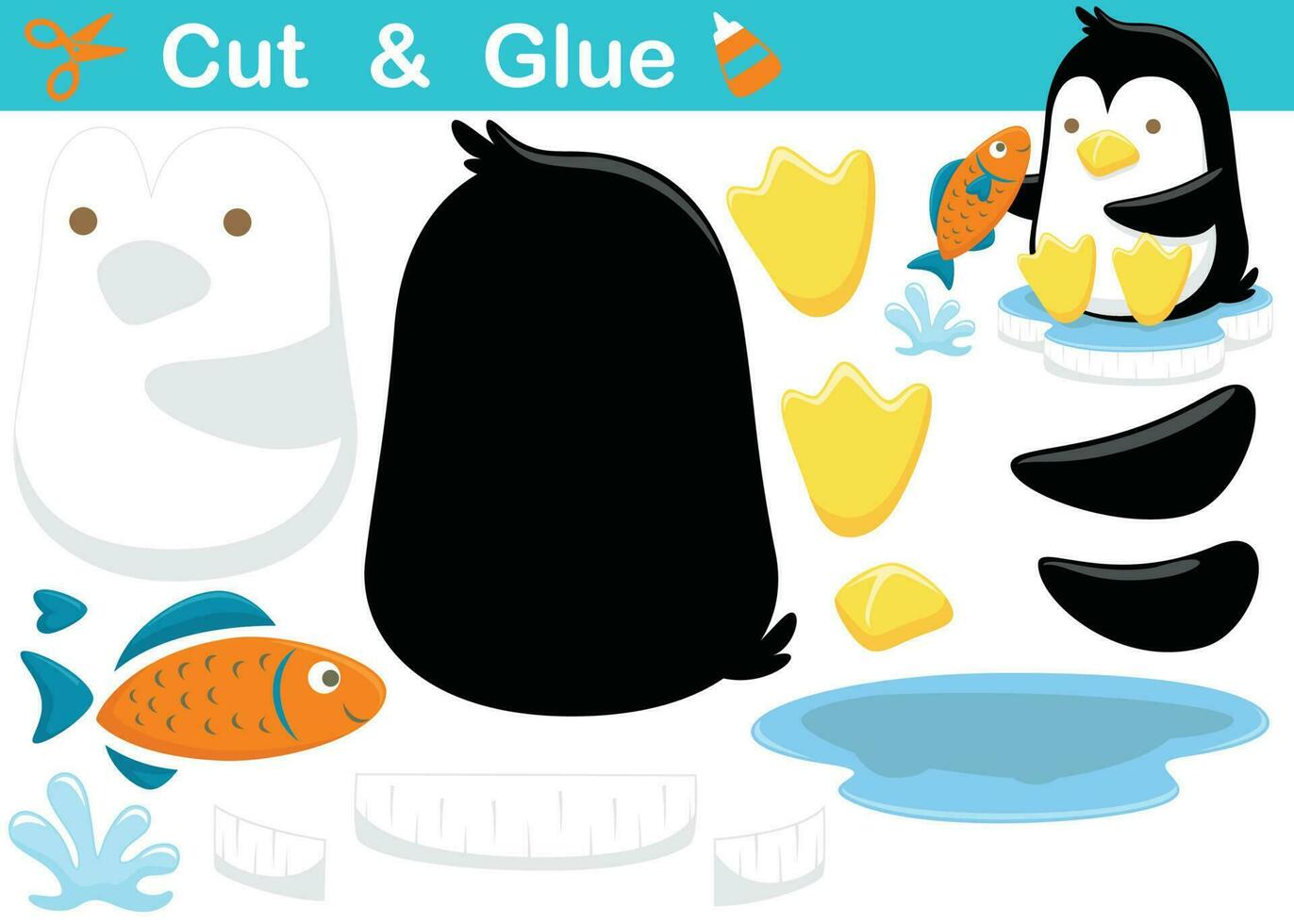 linda pingüino en hielo pedazo con un pez. educación papel juego para niños. separar y pegado vector dibujos animados ilustración