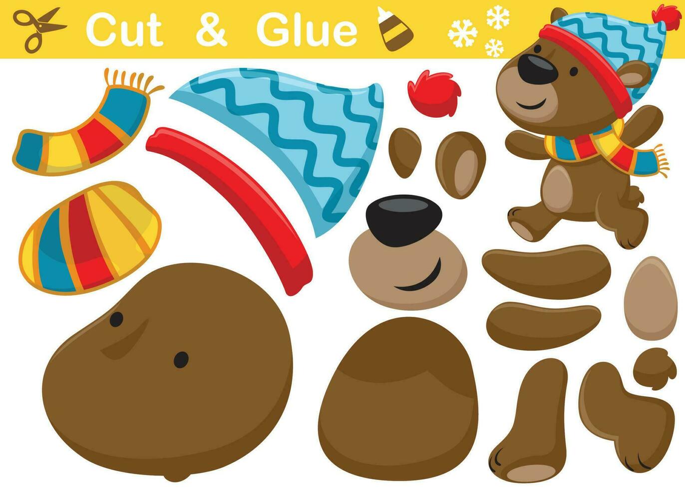 Funny bear wearing winter hat and scarf. Education paper game for children. Cutout and gluing. Vector cartoon illustration