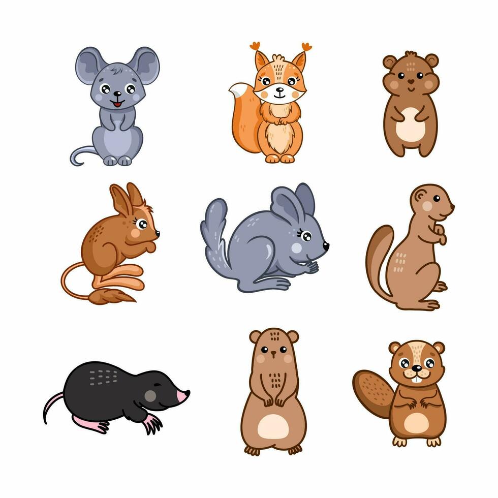 Set of cute animals for children. Collection of rodents. Small pet. Cartoon style drawing. vector