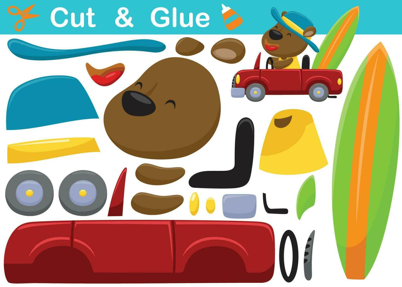 Funny bear on car with surfboard. Education paper game for children. Cutout and gluing. Vector cartoon illustration