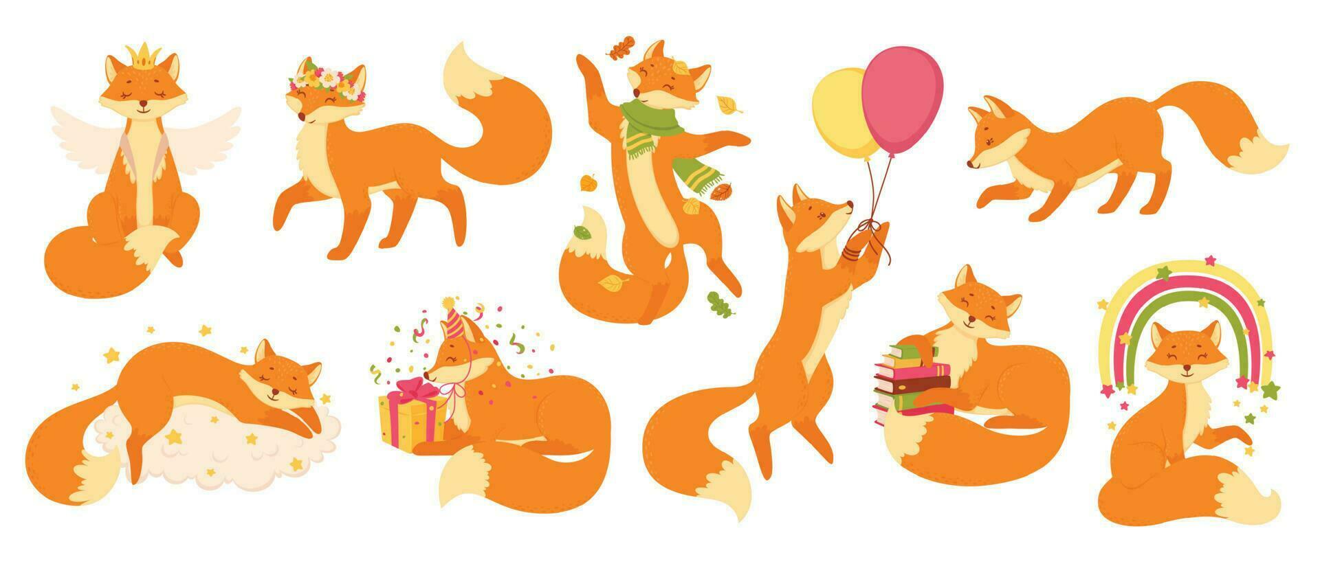 Cartoon foxes, cute red fox sleeping, sitting or jumping. Funny forest animals, wildlife animal mascot characters in various poses vector set