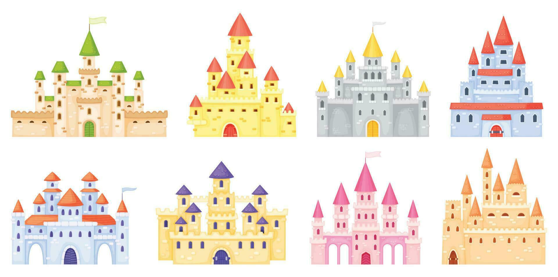 Cartoon medieval castles, fairytale princess castle towers. Fantasy kingdom magic palace, king fortress, gothic mansion exterior vector set