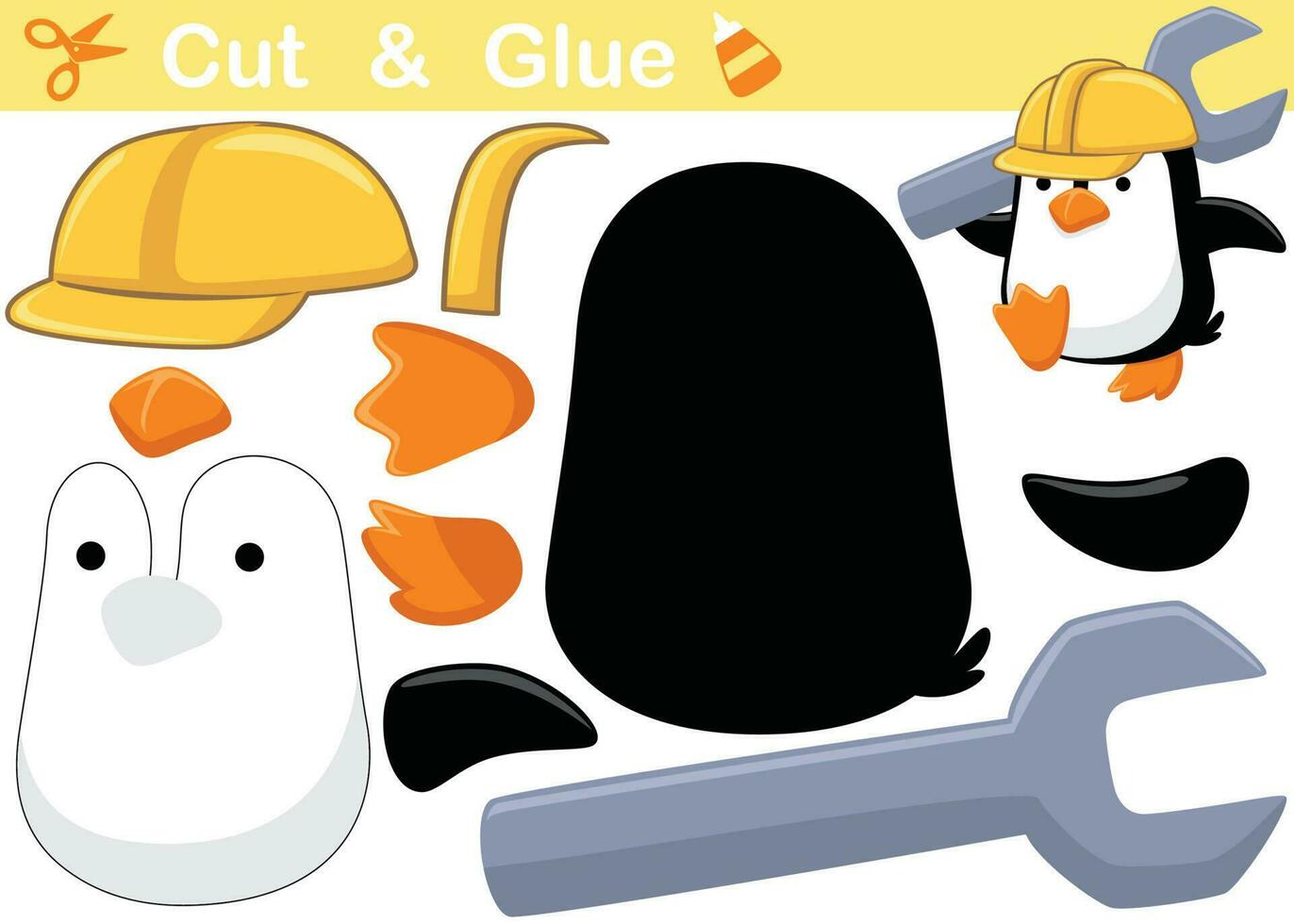 Little penguin wearing helmet with big monkey wrench. Cutout and gluing. Vector cartoon illustration
