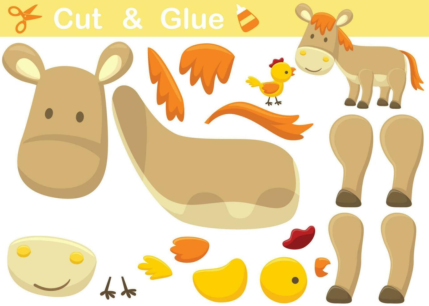 Donkey with chicken. Education paper game for children. Cutout and gluing. Vector cartoon illustration