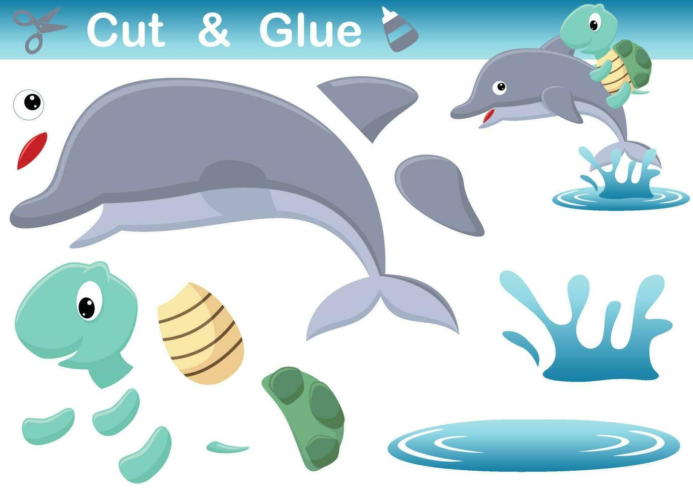Turtle ride on dolphin in water. Education paper game for children. Cutout and gluing. Vector cartoon illustration