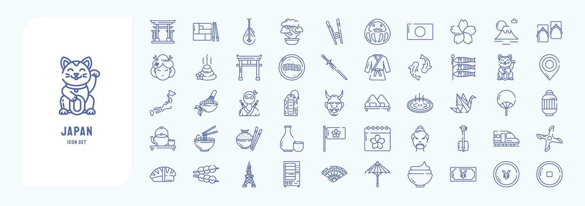 Japan country and culture icon set, including icons like Bento, Biwa, Bonsai, Chop stick and more vector