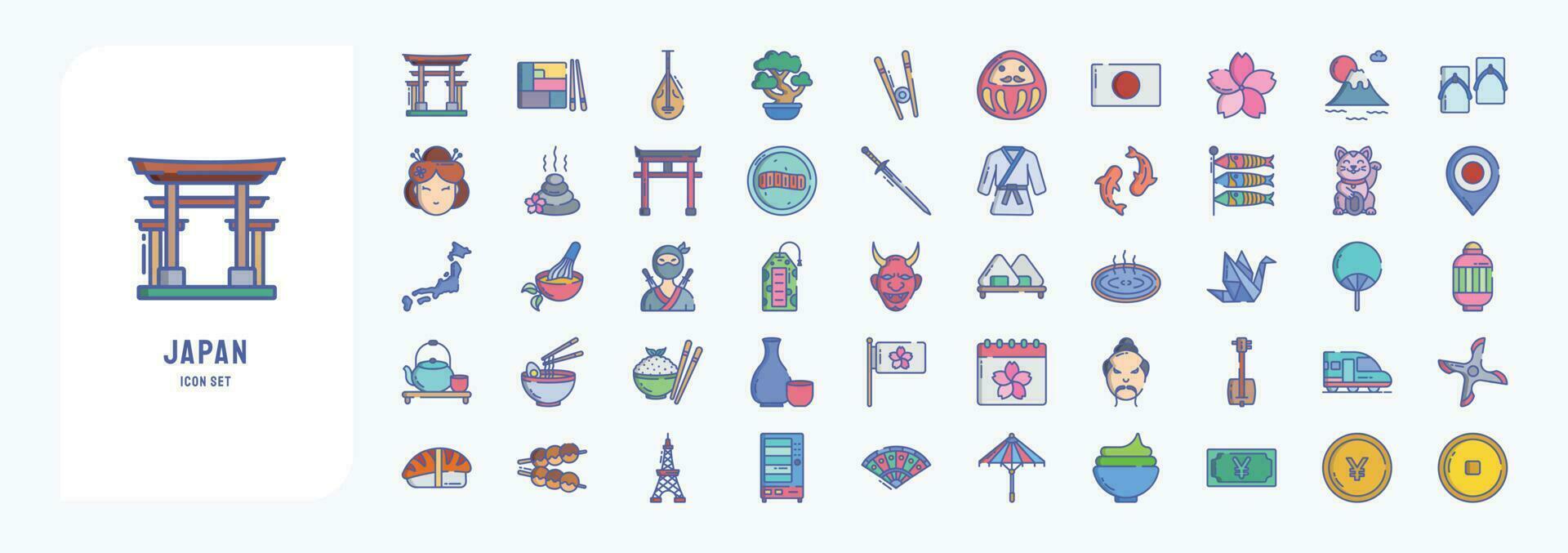 Japan country and culture icon set, including icons like Bento, Biwa, Bonsai, Chop stick and more vector