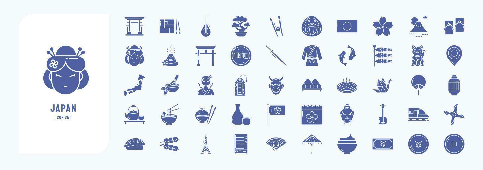 Japan country and culture icon set, including icons like Bento, Biwa, Bonsai, Chop stick and more vector