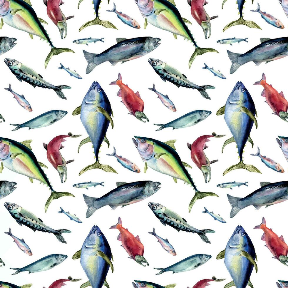 Various sea fishes seamless pattern watercolor illustration isolated on white. Wild fish, tuna, salmon, herring, anchovy hand drawn. Design element for textile, packaging, paper, wrapping, background vector