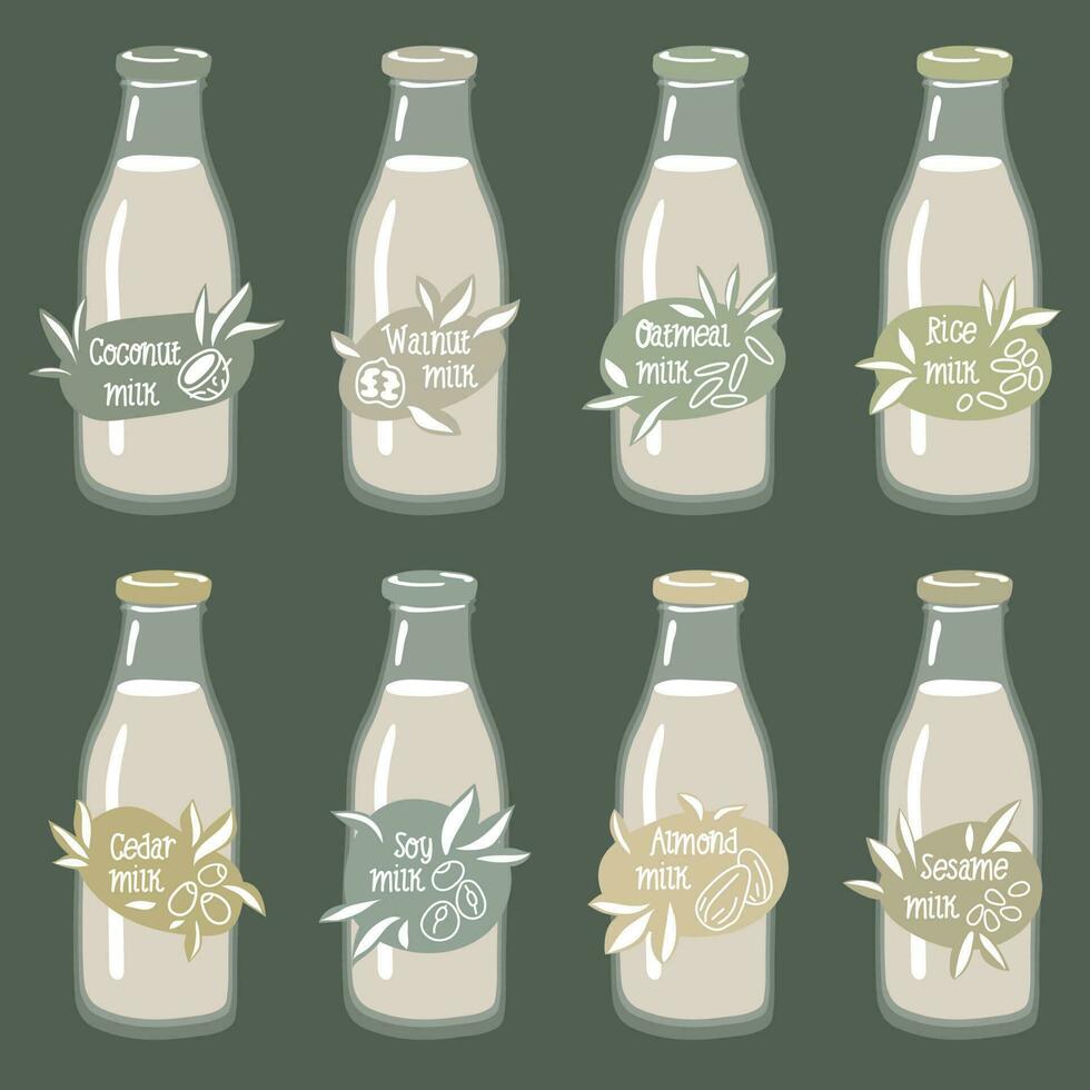 A set of labels for vegetable milk on glass bottles. Coconut, almonds, soy, walnut, rice, oatmeal, etc. Vector. A set of different types of vegetable milk - almond, rice, coconut, soy. Vegan vector