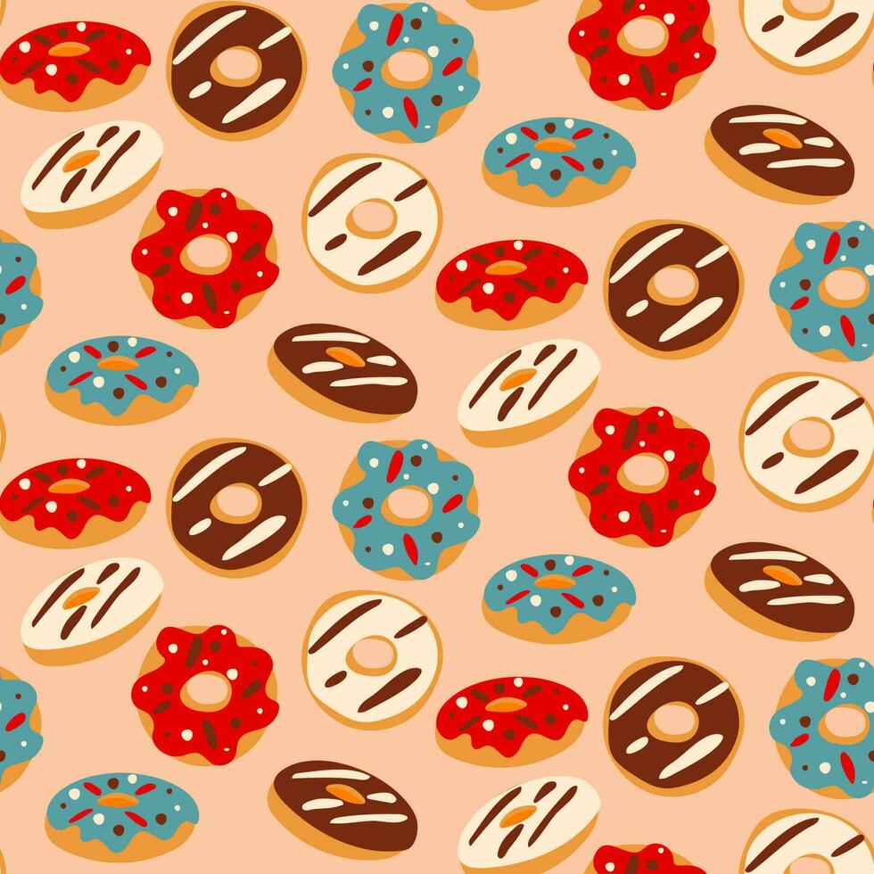 A pattern of donuts. Color simple illustration of flying donuts with different glazes. Sweet summer seamless background with vector illustrations of donuts. Background for printing textiles and paper