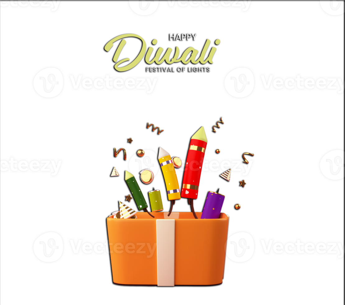 3D render of a box with full of firecrackers and golden confetti's for Indian festival of lights, Diwali or Deepawali. png