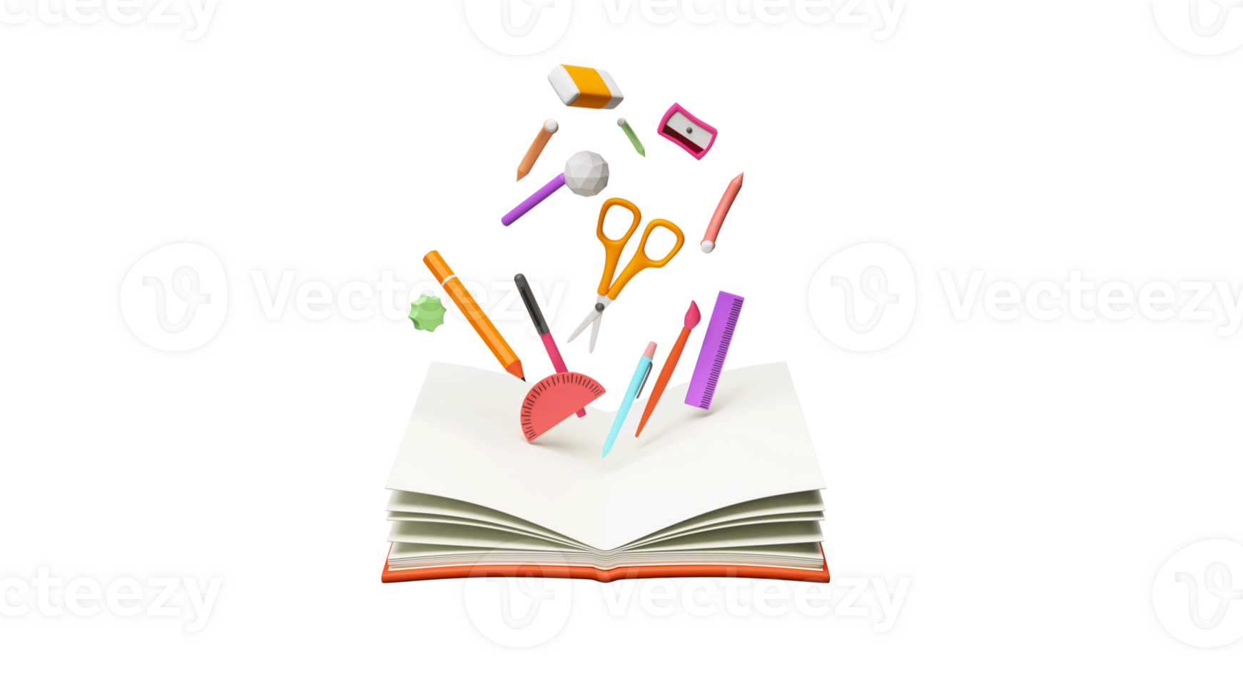 3D Render Of School Supplies, with an Open Book and School Stationeries. png