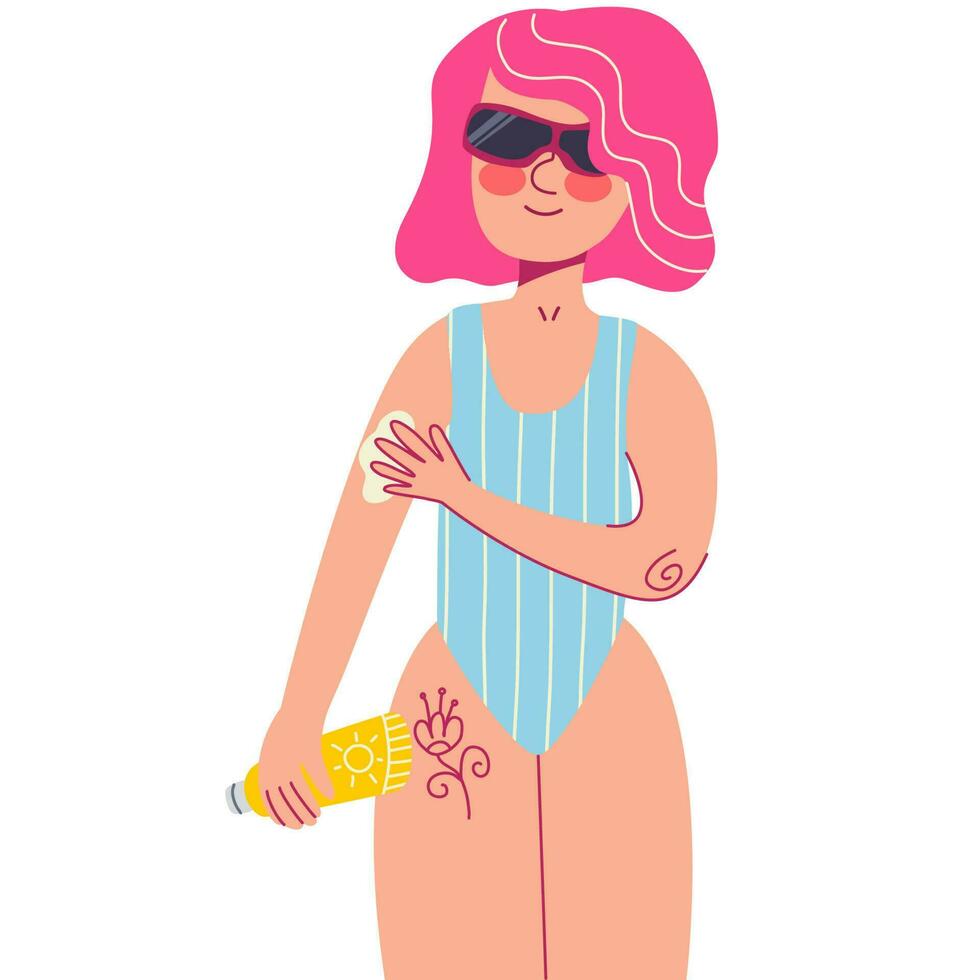 hembra con Gafas de sol y rosado pelo aplica protector solar a su mano.sol proteccion concepto vector ilustración.