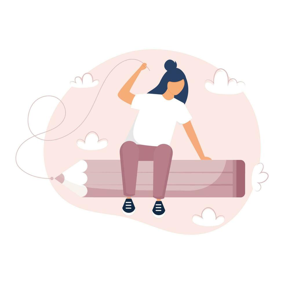 Student sitting on the rocket pencil. Graduate Young woman flying in the clouds on the bigpencil. Flat vector illustration. Minimal style design