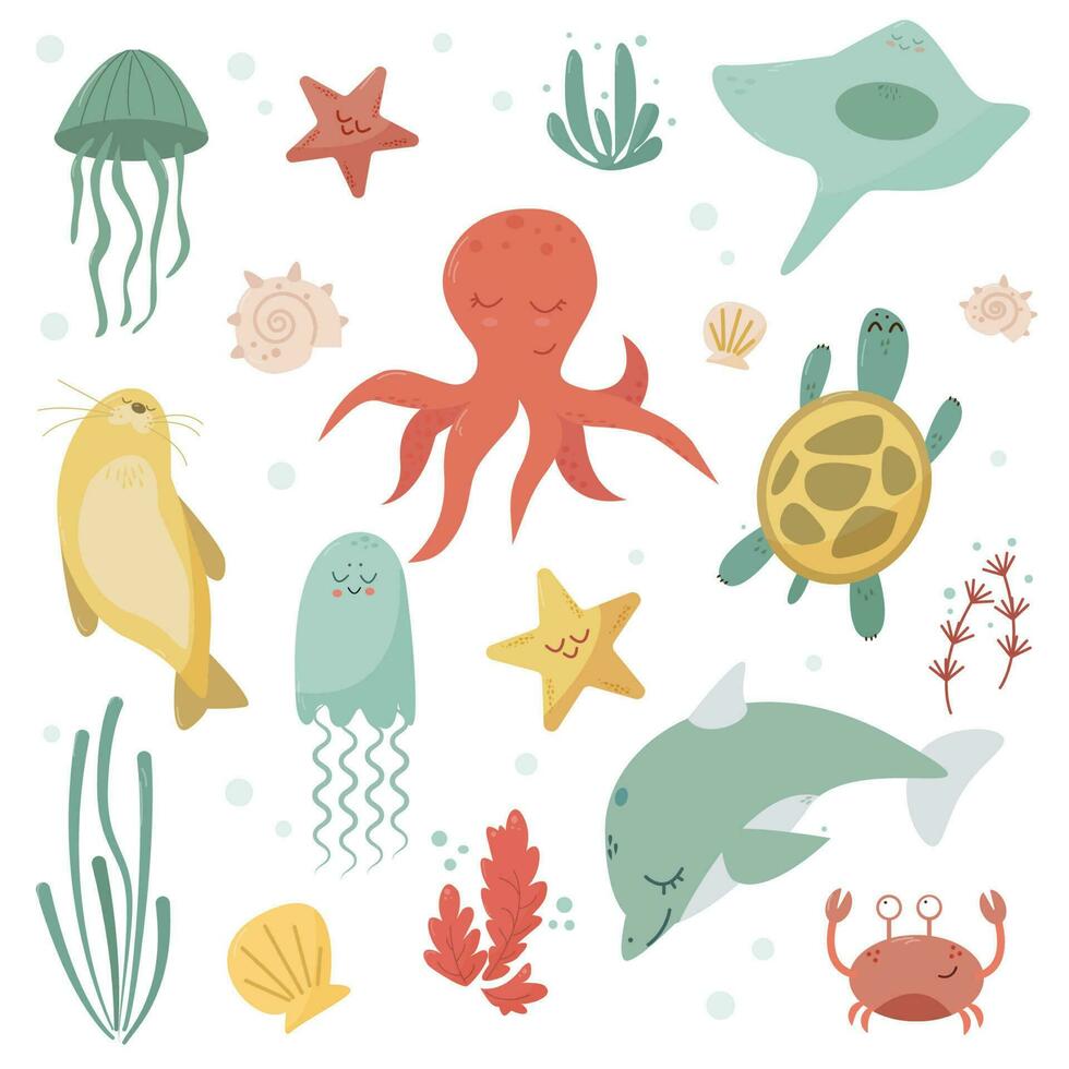 vector set with cute sea animals, shells and ocean