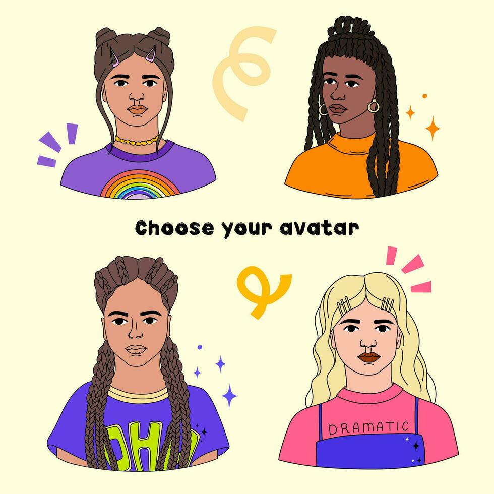 Collection of lined girls' avatars in bold modern style. Vibrant portrait. Gen Z. vector