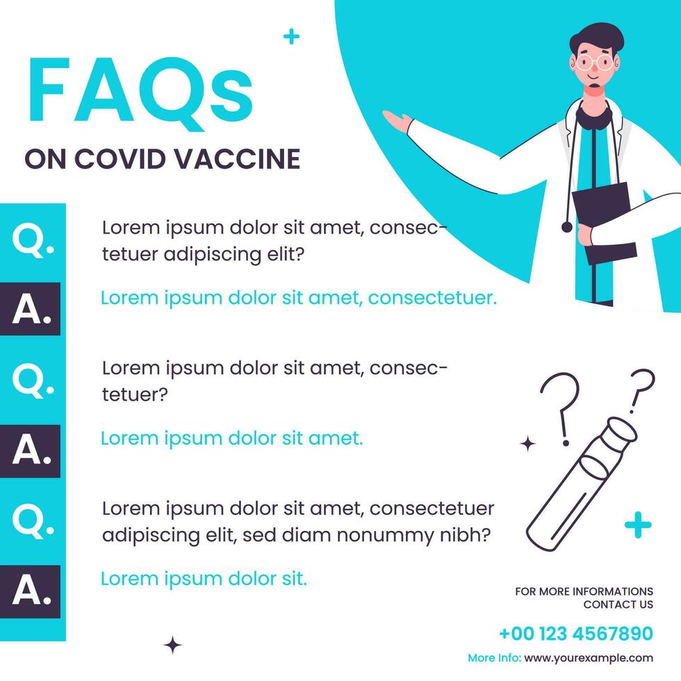 FAQ's On Covid Vaccine Based Poster Design With Doctor Answering Questions On White Background. vector
