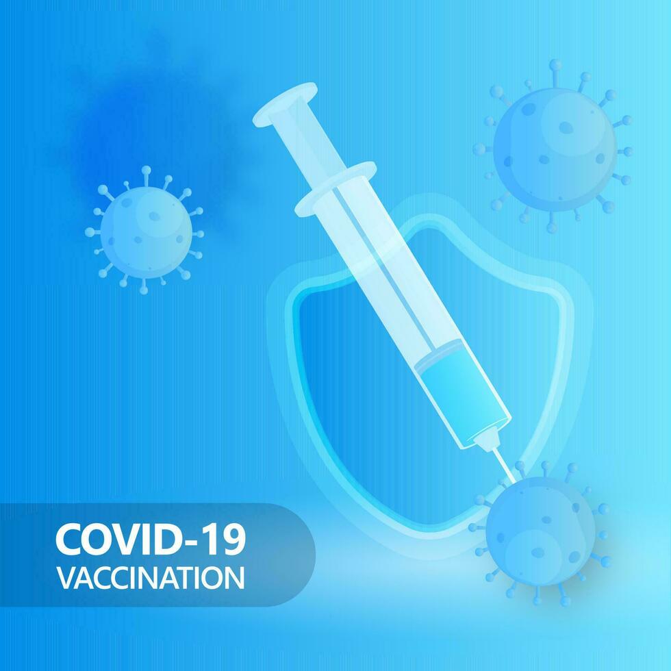 Covid-19 Vaccination Concept With Vaccine Syringe Attack To Coronavirus, Security Shield On Glossy Blue Background. vector