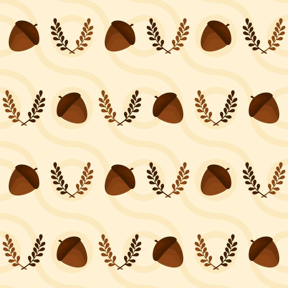 Repeat-less Acorn And Leaves Decorated On Wavy Pattern Background. vector