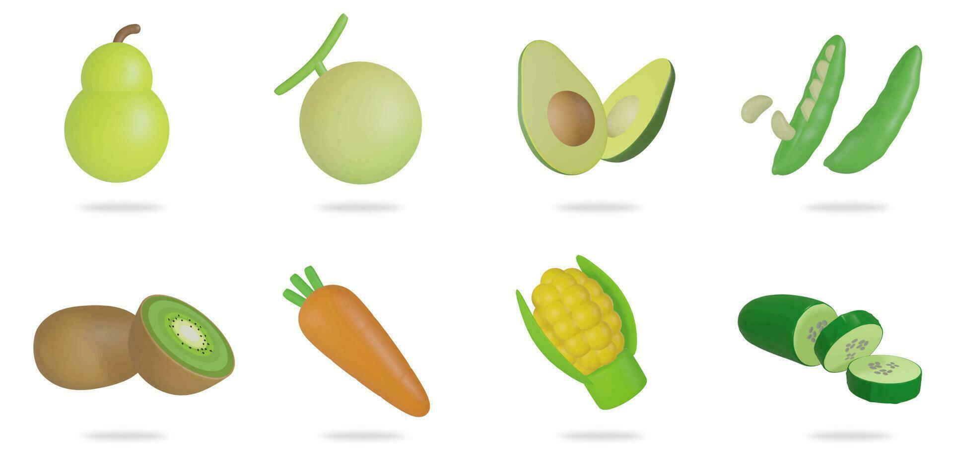 3d representación. frutas y vegetales icono conjunto en un blanco background.pera, melón, aguacate, frijoles, kiwi, zanahoria, pepino, maíz vector