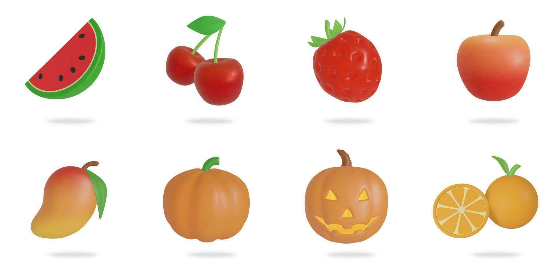 3d representación. frutas icono conjunto en un blanco background.melon,cereza,fresa,manzana,mango,calabaza,halloween calabaza, naranja vector