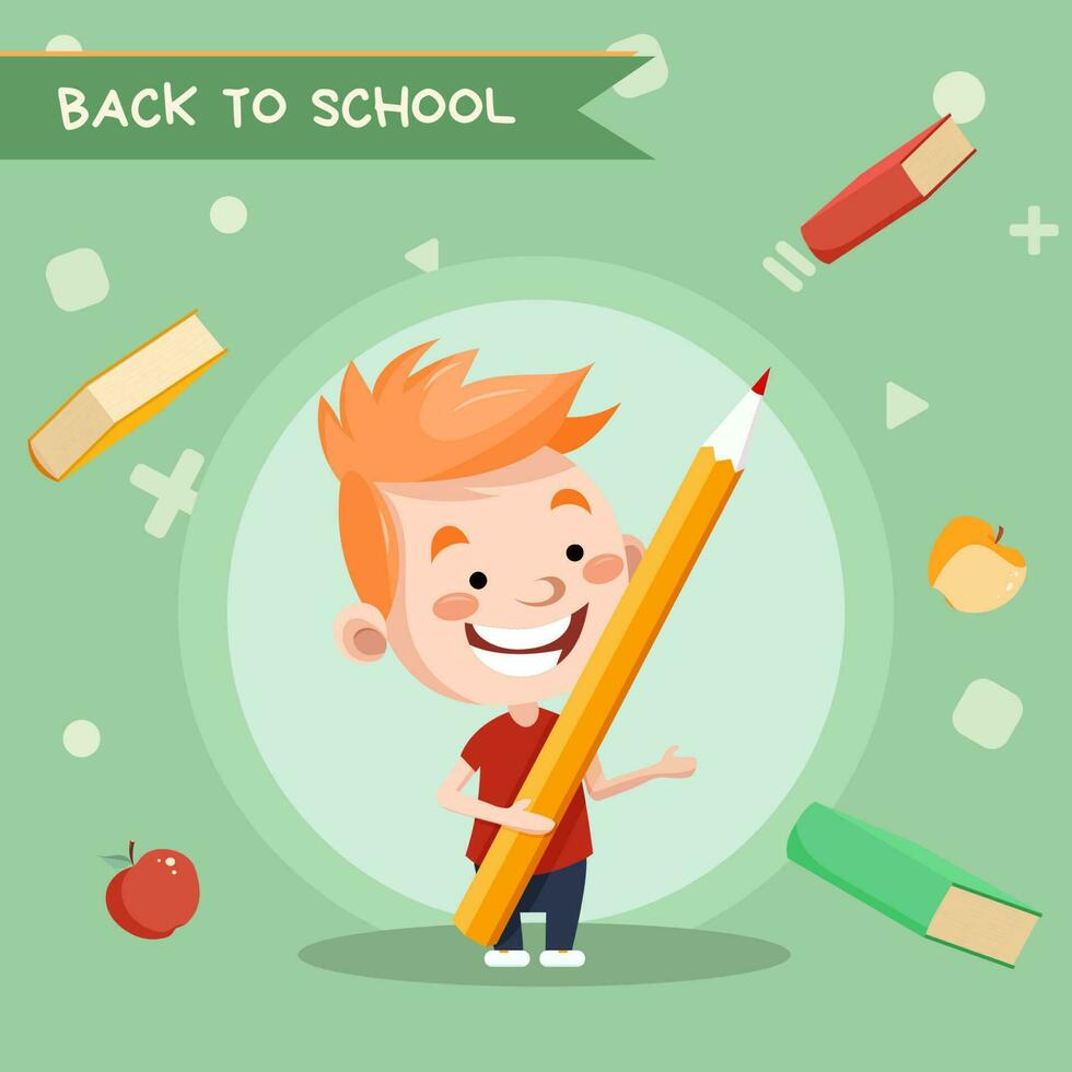 Postcard back to school,school admission with a little boy  standing with a pencil. Can be used for flyers, banners. vector
