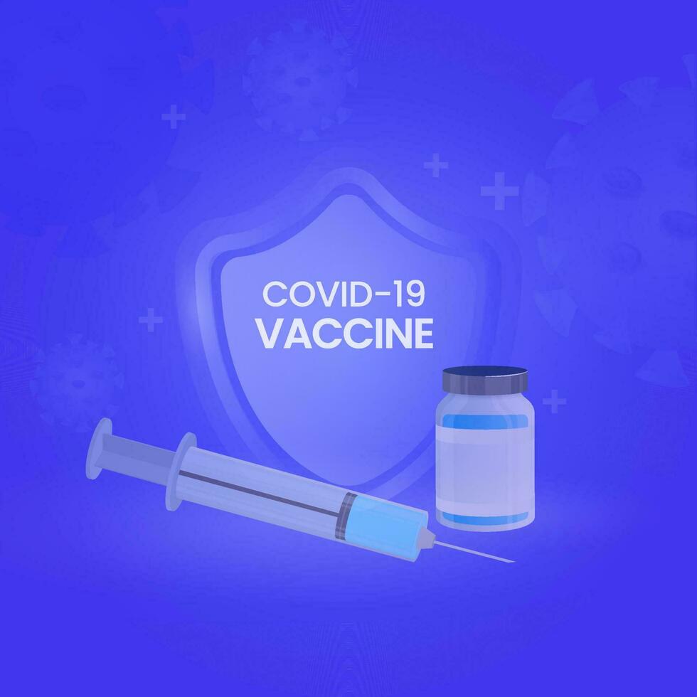 Covid-19 Vaccine Concept With Security Shield, Syringe And Vaccine Bottle On Blue Background. vector