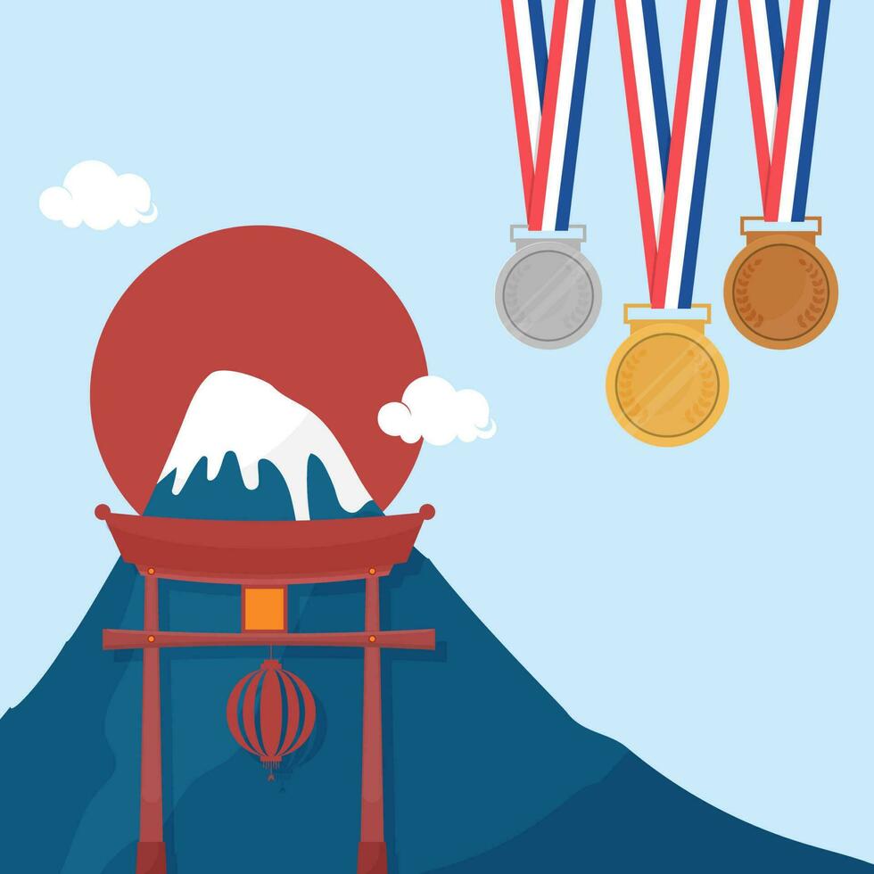 Three Medal Hang With Foji Mountain, Torii And Sun On Blue Background. vector