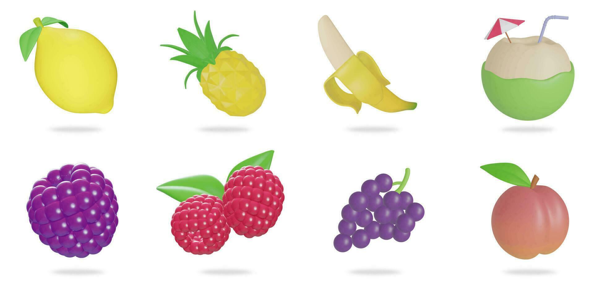 3d representación. frutas icono conjunto en un blanco background.lemon, piña, plátano, coco, frambuesa, uva, melocotón, cereza vector