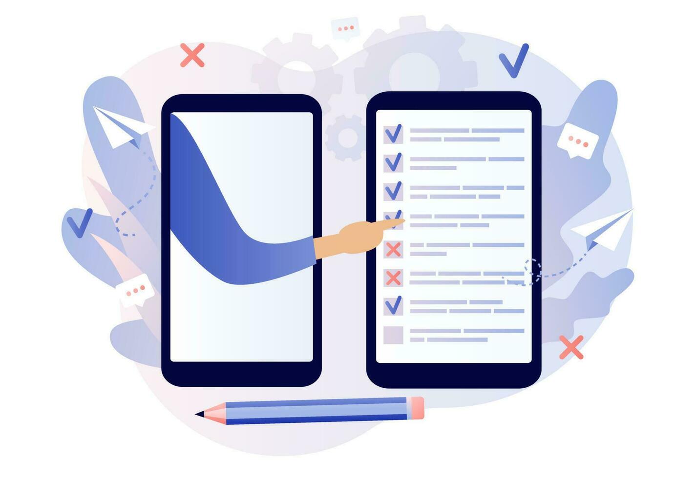 Online survey concept. Tiny people filling online survey form in smartphone app. Feedback service. Internet surveying, questionnaire, customers voting. Modern flat cartoon style. Vector illustration