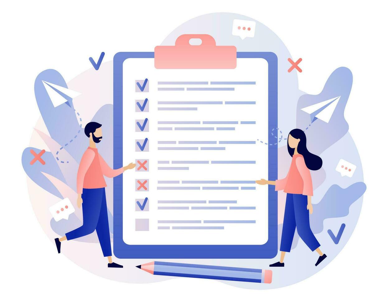 Online survey concept. Tiny people filling survey form. Feedback service. Internet surveying, questionnaire, customers voting. Modern flat cartoon style. Vector illustration on white background