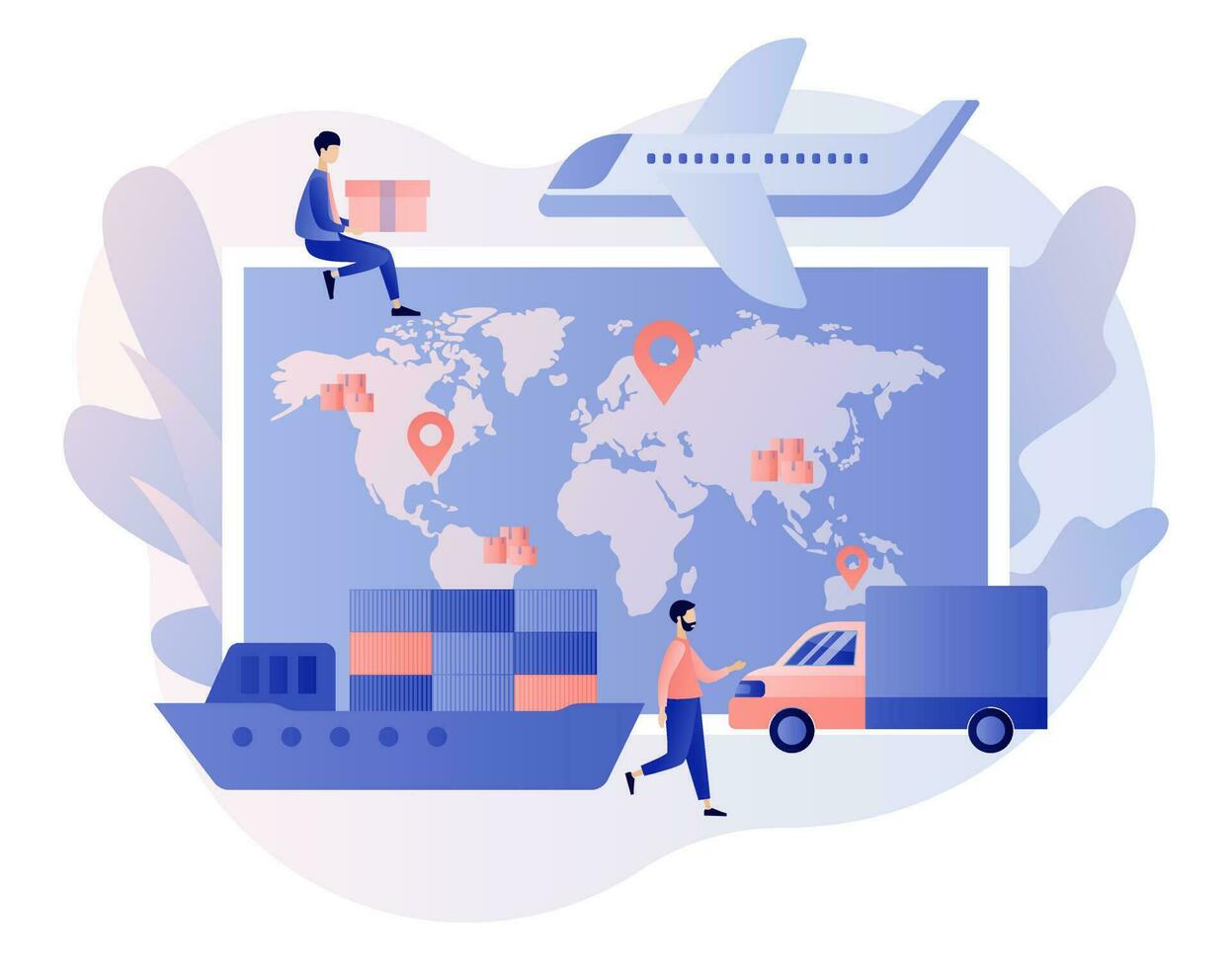 Global logistics network. Export, import, warehouse business, transportation. Business logistics. Vehicles to carry of cargo. On-time delivery. Modern flat cartoon style. Vector illustration