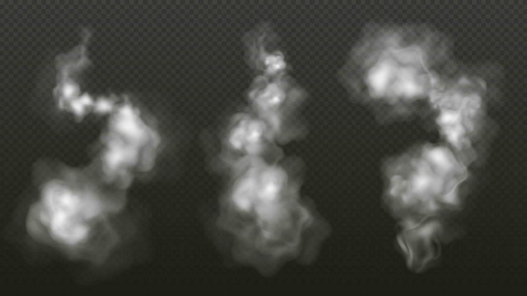 Realistic set of smoke trails in the air isolated on transparent background. Vector illustration of ash clouds.Trace from the plane or exhaust from the pipe