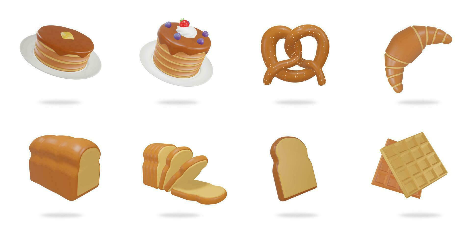 3d representación. un pan icono conjunto en un blanco panqueque de fondo, fresa, galleta salada, cuerno, Hokkaido pan, pan rebanada, gofre vector